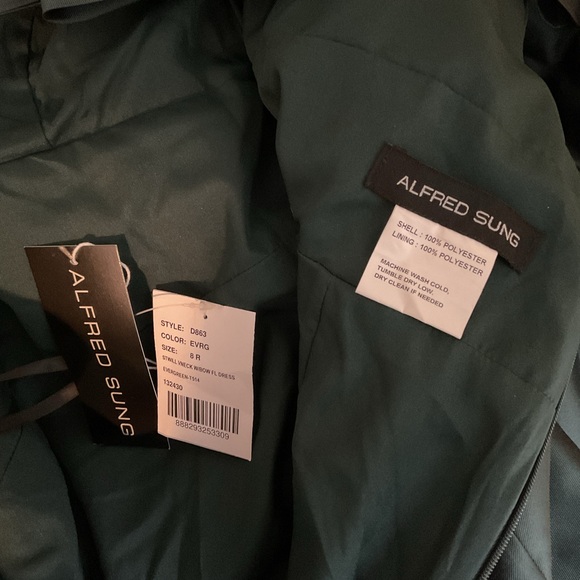 ALFRED SUNG V Neck/Back Trumpet Satin Shoulder Bow Evergreen Maxi Dress NWT 8 - Picture 8 of 10